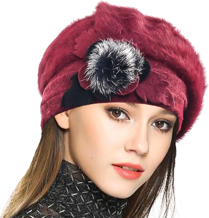 VECRY Lady French Beret 100% Wool Beret Floral Dress Beanie Winter Hat - Image 1